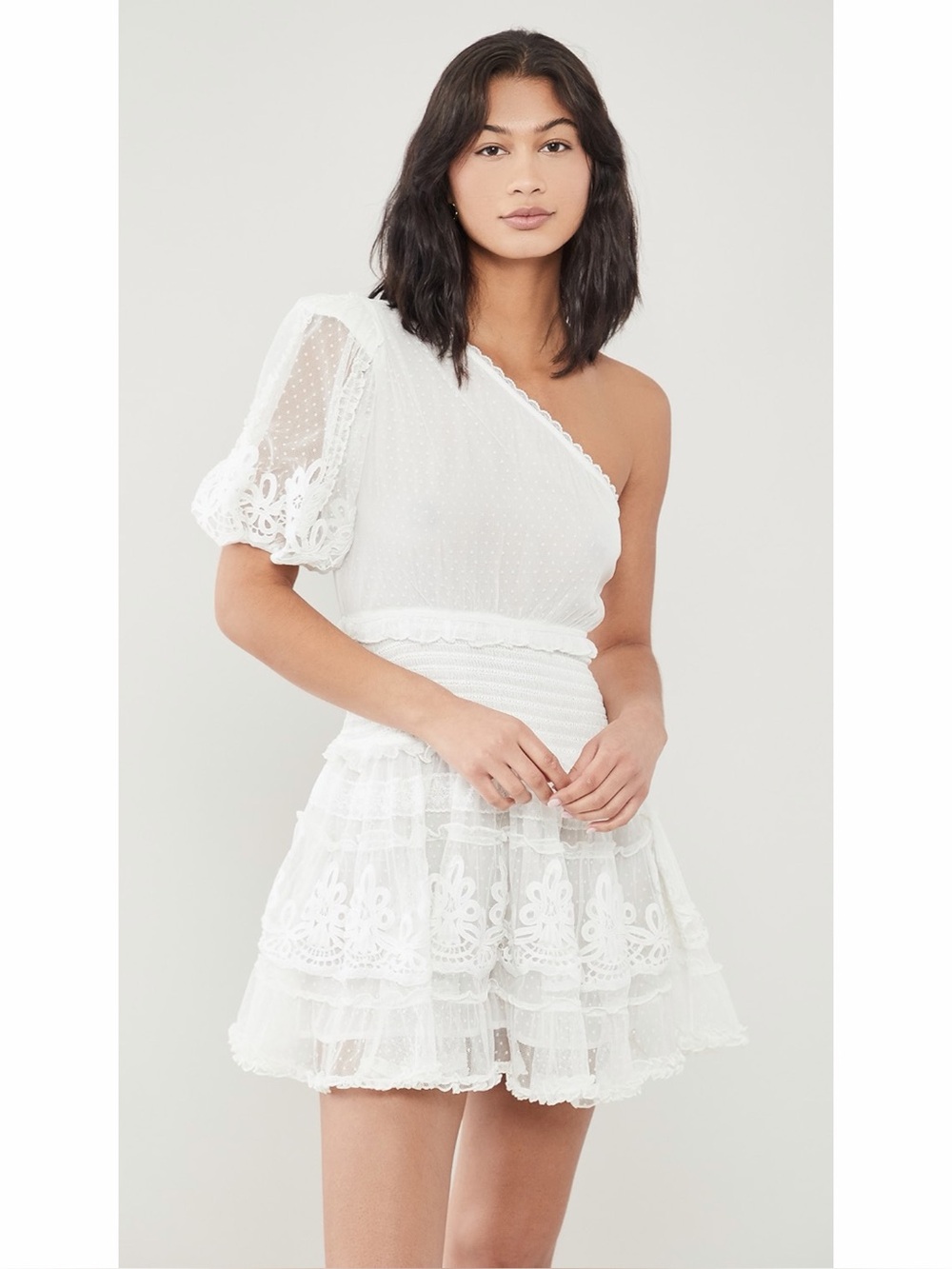Rococo Sand Ava One Shoulder White Puff Sleeve Mini Dress